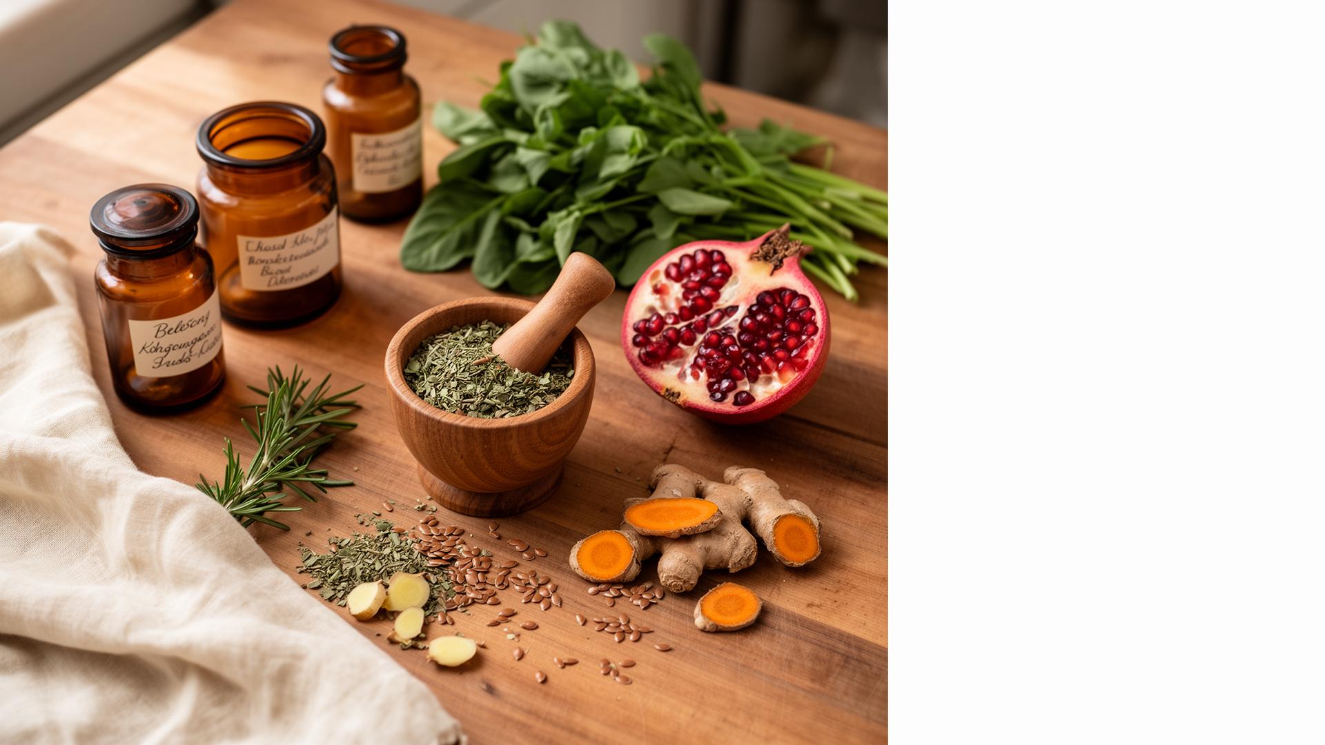 A warm wooden counter with apothecary herb jars, mortar and pestle, leafy greens, pomegranate, turmeric and flaxseed